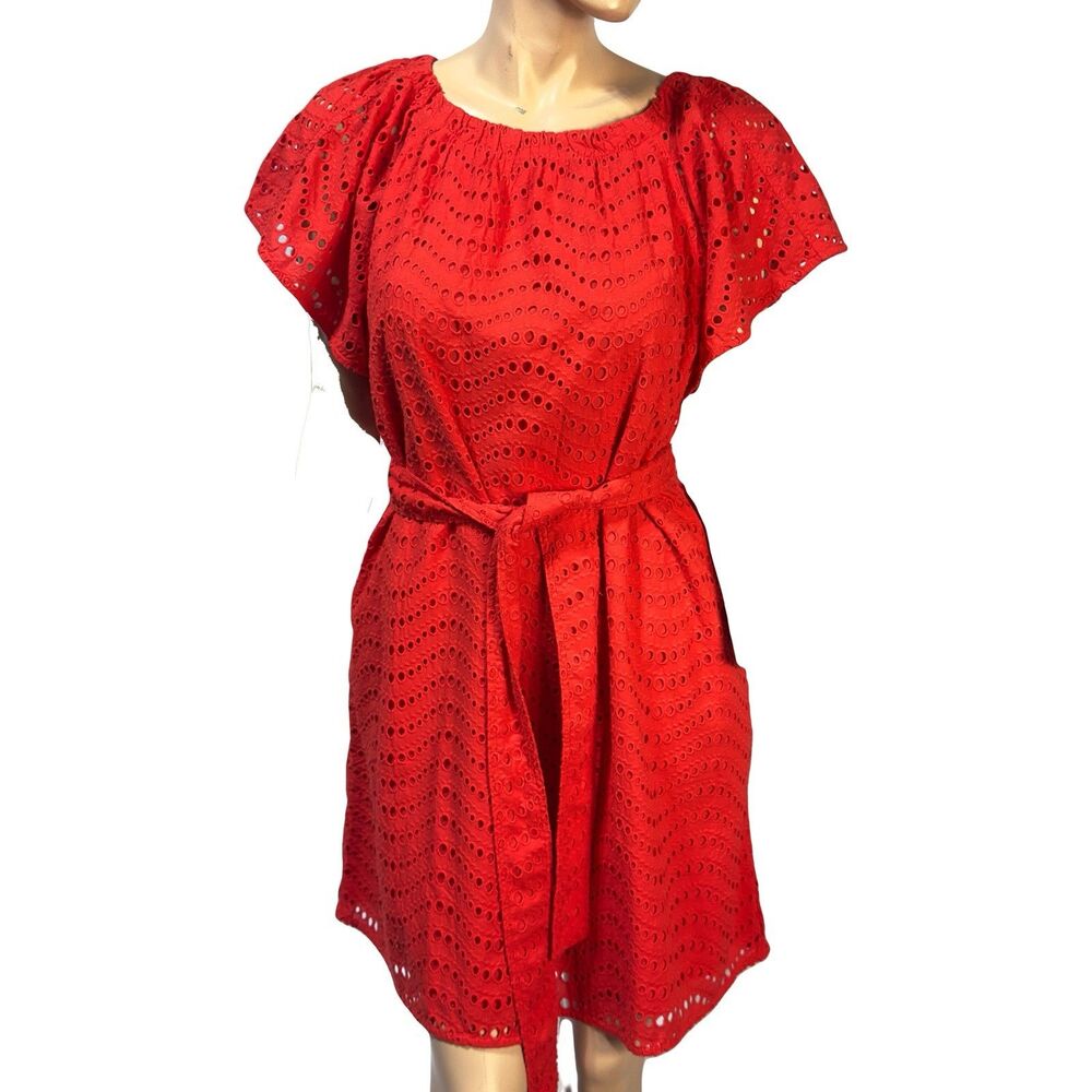 Ann Taylor Eyelet Dress Size M Medium Short Sleeve Tie Belt Red Knee Length NWT